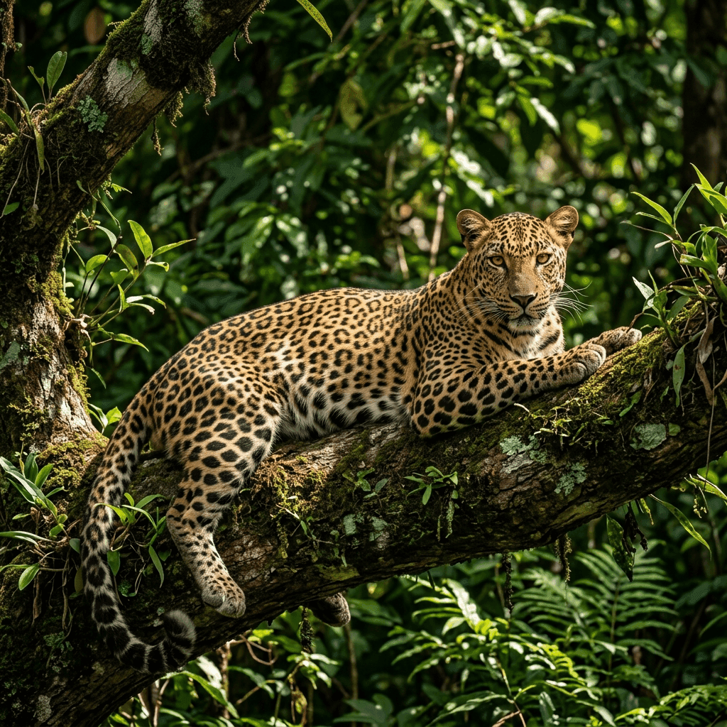 Sri Lankan leopard resting on jungle branch