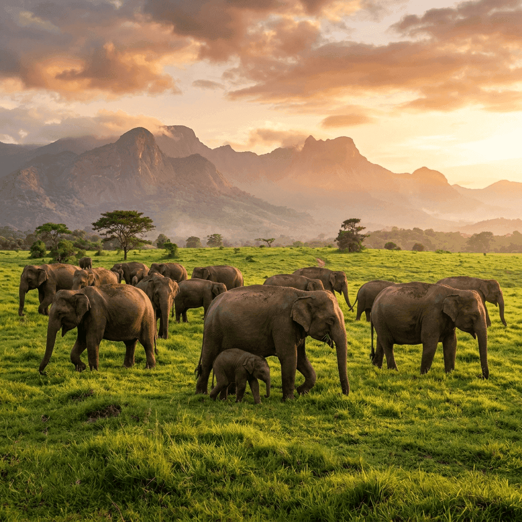 Wild Asian elephant herd in Udawalawe grassland