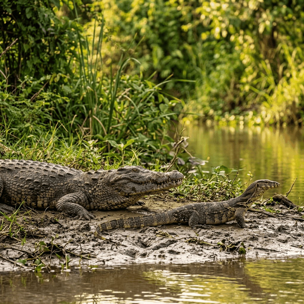 Sri Lankan mugger crocodile and water monitor lizard
